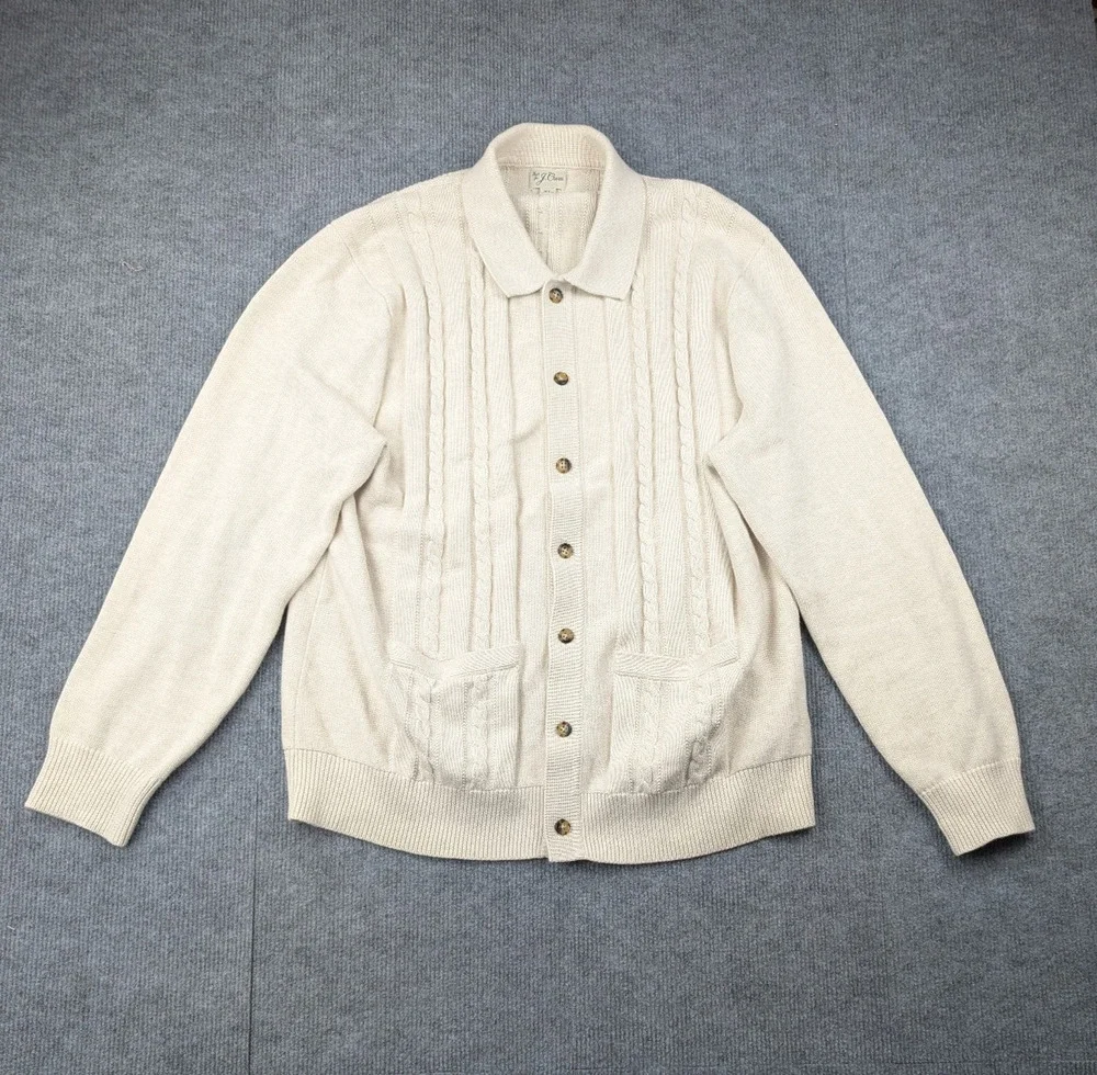 J Crew Cable Knit Cardigan Mens XL Old Money Fisherman Chunky Quiet Luxury Cream